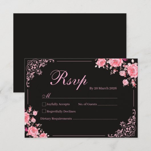 Black & Pink Floral Wedding RSVP Card (正面/裏面)