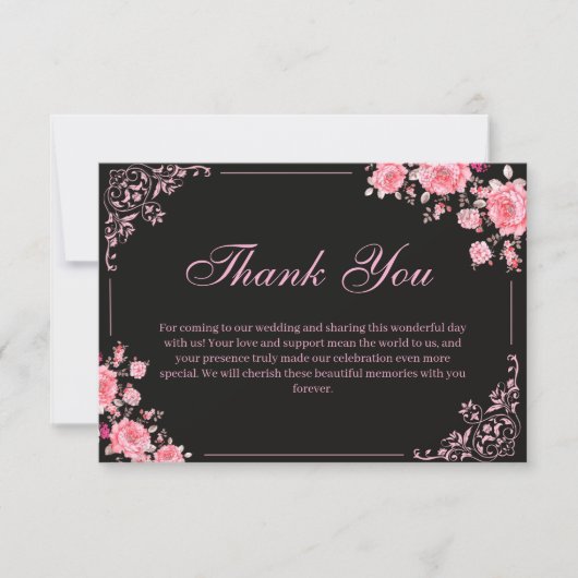 Black & Pink Floral Wedding Thank You Card サンキューカード (正面)