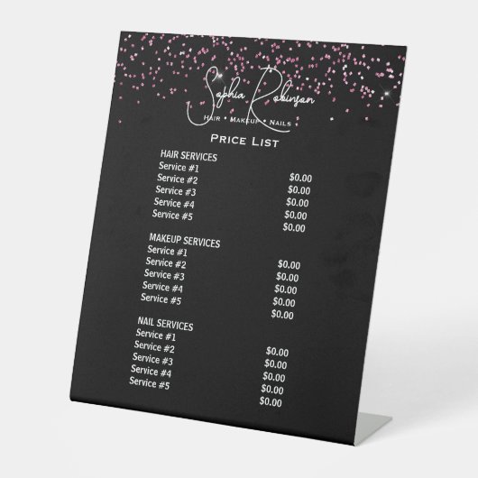 Black & Pink Glitter Beauty Salon Price List 台座サイン (正面)