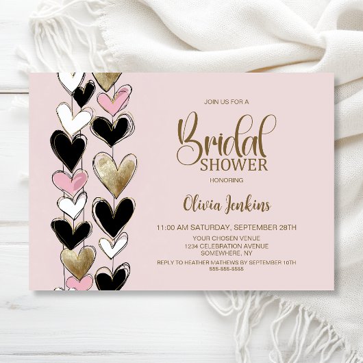 Black Pink Gold Hearts Bridal Shower 招待状