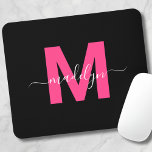 Black Pink Monogram Script Name マウスパッド<br><div class="desc">Personalized Girly Modern Black and Pink Script Initial Monogram Mouse Pad. Add a touch of feminine charm and sophistication to your workspace with this chic mouse pad. It features a bold magenta hot pink initial centered on a sleek black background, creating a stylish and girly design. Perfect for students, professionals,...</div>