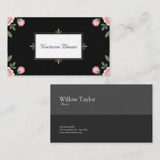 Black Pink Peony Floral Gold Scroll 名刺 (正面/裏面)