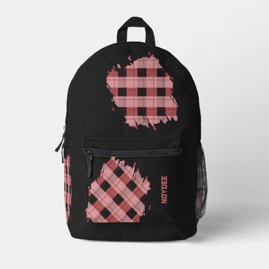Black, Pink Plaid Patches, Name  プリントバックパック (正面)