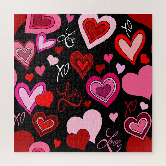 Black Pink Red Hearts Love Pattern ジグソーパズル (縦)