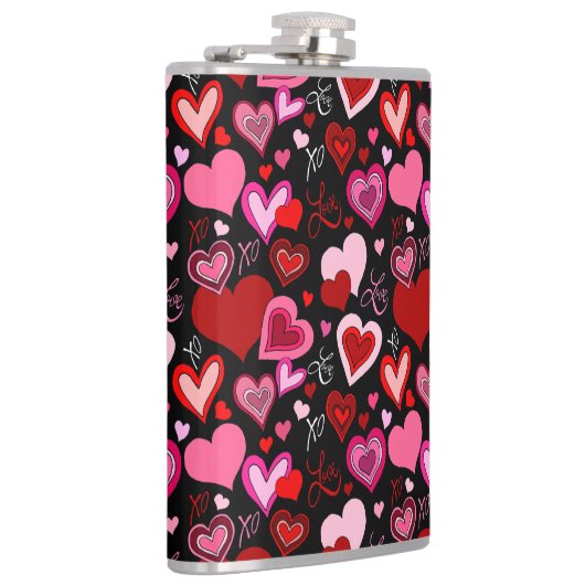 Black Pink Red Hearts Love Pattern フラスク (右)