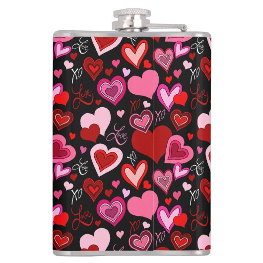 Black Pink Red Hearts Love Pattern フラスク (裏面)
