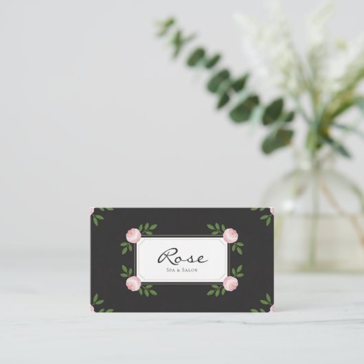 Black Pink Rosebud Elegant Floral Rectangular 名刺 (スタンド正面)