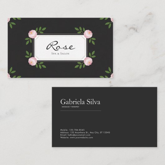 Black Pink Rosebud Elegant Floral Rectangular 名刺 (正面/裏面)