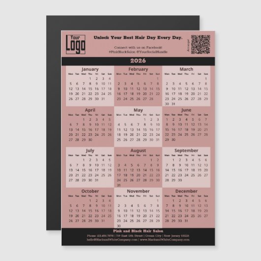 Black Pink Salon Logo QR-code 2026 Calendar Magnet (正面/裏面)
