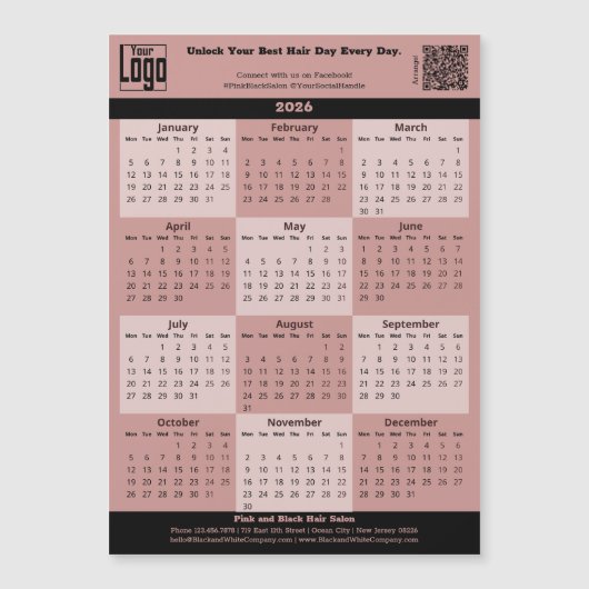 Black Pink Salon Logo QR-code 2026 Calendar Magnet (正面)