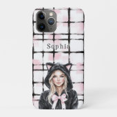 Black Pink White Plaid Stripes Blond Kitty Cat Case-Mate iPhoneケース (裏)