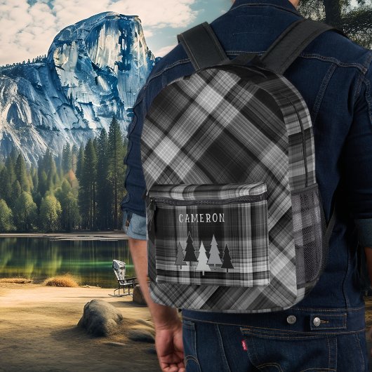 Black Plaid Pine Forest Backpack プリントバックパック