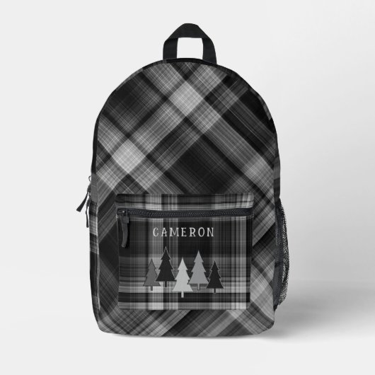 Black Plaid Pine Forest Backpack プリントバックパック (正面)