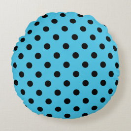 Black Polka Dots on Aqua Blue Round Pillow ラウンドクッション