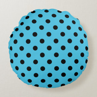 Black Polka Dots on Aqua Blue Round Pillow ラウンドクッション