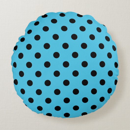 Black Polka Dots on Aqua Blue Round Pillow ラウンドクッション (正面)