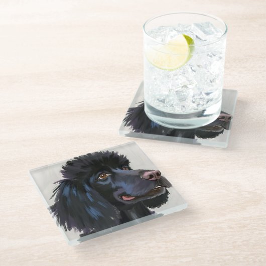 Black Poodle | Dog Watercolor Pet Painting ガラスコースター (アングル)