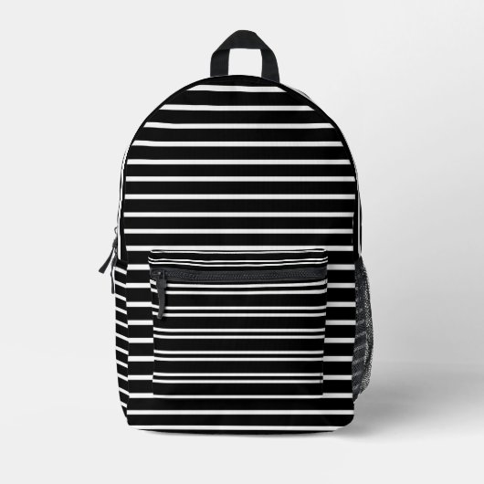 Black Print Cut Sew Bag with White Stripes. プリントバックパック (正面)