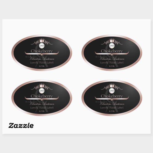 Black Product Label Rose Gold Frame Logo Monogram 楕円形シール (シート)
