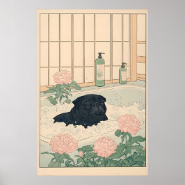 Black Pug Bathroom Print Kawaii Japandi Ukiyo-e ポスター
