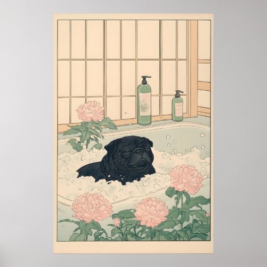 Black Pug Bathroom Print Kawaii Japandi Ukiyo-e ポスター (正面)