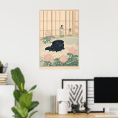 Black Pug Bathroom Print Kawaii Japandi Ukiyo-e ポスター (ホームオフィス)