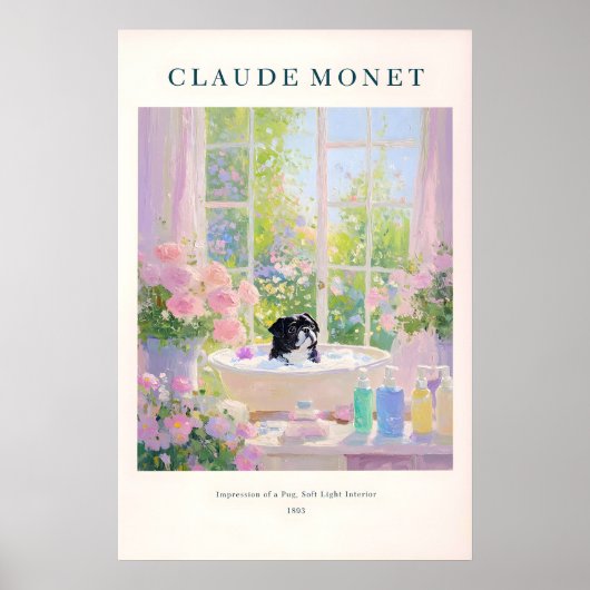 Black Pug Bathroom Print Monet Style French ポスター (正面)