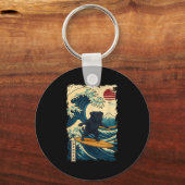 Black Pug Japanese Kanagawa Wave Surfing Japan Mom キーホルダー (正面)