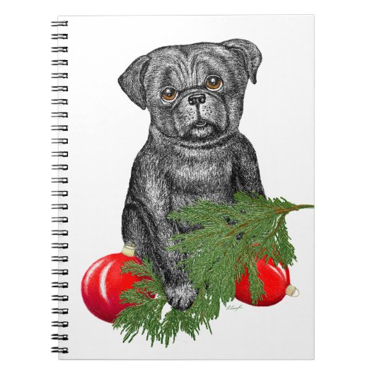 Black Pug Puppy Adorable Christmas Art ノートブック (正面)