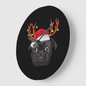Black Pug Santa Christmas Reindeer Christmas Light ラージ壁時計 (傾斜)