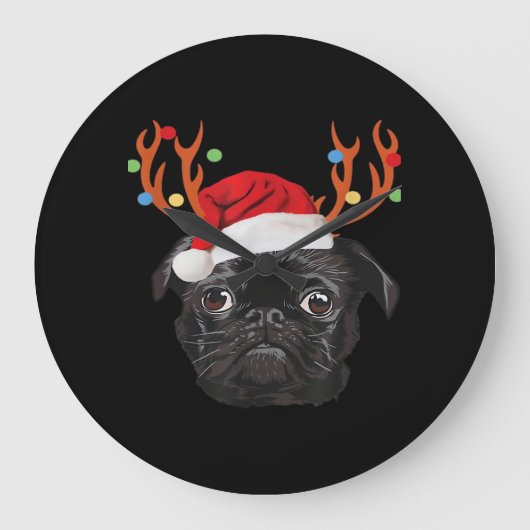 Black Pug Santa Christmas Reindeer Christmas Light ラージ壁時計 (正面)