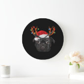Black Pug Santa Christmas Reindeer Christmas Light ラージ壁時計 (ホーム)