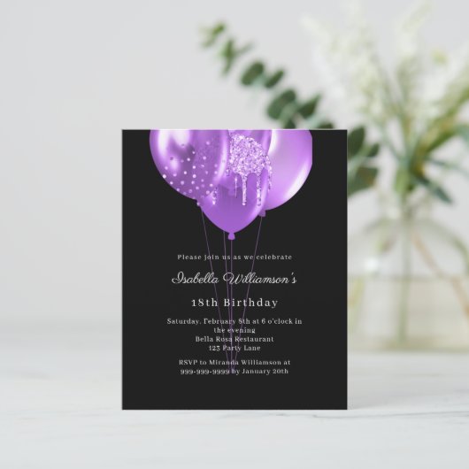 Black purple balloons birthday invitation (スタンド正面)