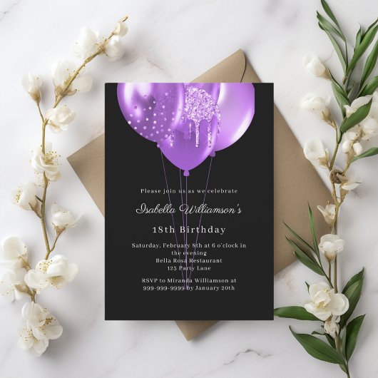 Black purple balloons birthday invitation