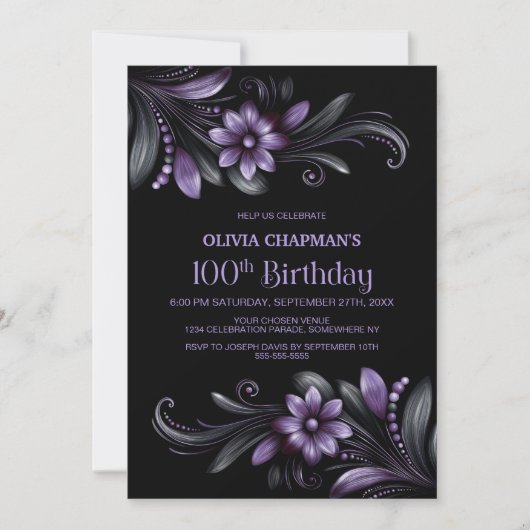 Black Purple Floral 100th Birthday Party 招待状 (正面)