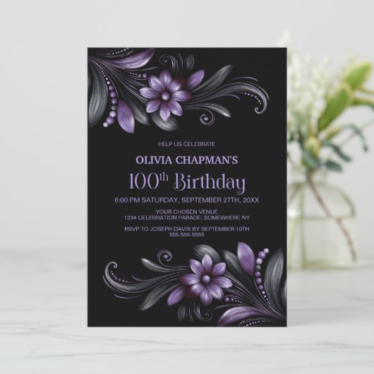 Black Purple Floral 100th Birthday Party 招待状 (スタンド正面)