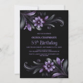Black Purple Floral 55th Birthday Party 招待状 (正面)
