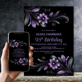 Black Purple Floral 95th Birthday Party 招待状