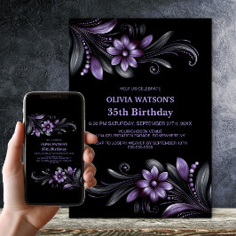 Black Purple Floral Birthday Party 招待状