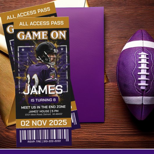 Black & Purple Football Ticket Birthday Invitation 招待状