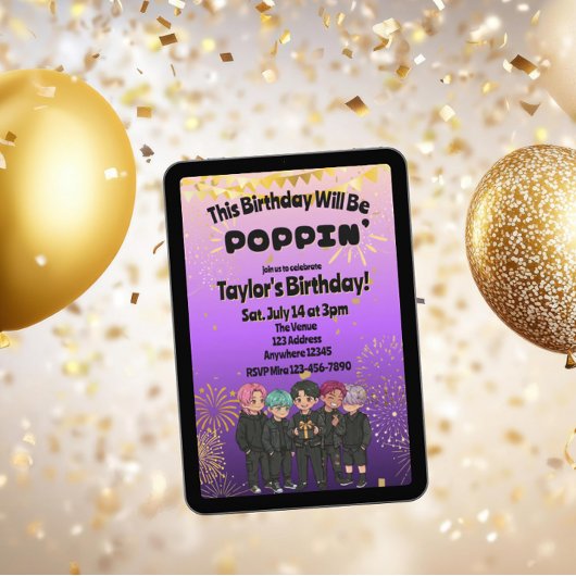 Black Purple Gold KPOP Boys Poppin' Birthday 招待状