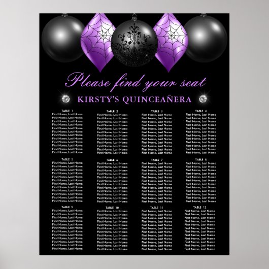 Black & Purple Ornaments Quinceanera Seating Chart ポスター (正面)