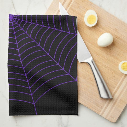 Black purple spider web Halloween pattern キッチンタオル (四つ折り)