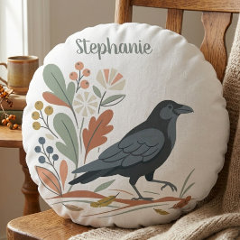 Black Raven Bird Botanical Autumn ラウンドクッション