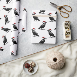 Black raven crow with red santa hat pattern ラッピングペーパー