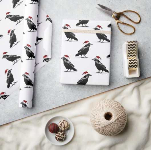 Black raven crow with red santa hat pattern ラッピングペーパー (クラフト)
