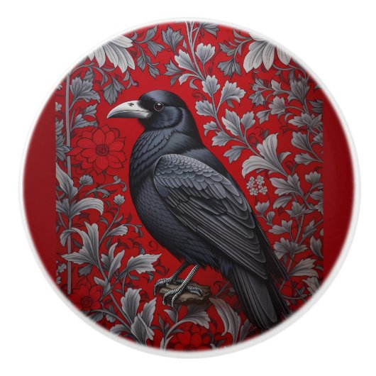 Black Raven Red Floral William Morris Inspired セラミックノブ (正面)