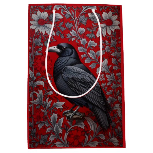 Black Raven Red Floral William Morris Inspired ミディアムペーパーバッグ (正面)