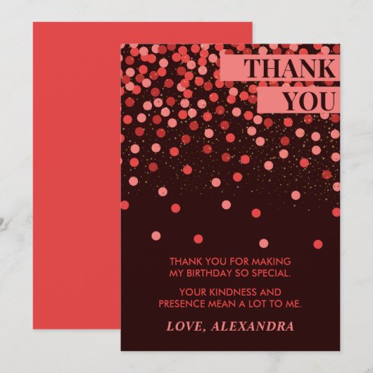 Black Red Confetti Chic Birthday Thank You Card サンキューカード (正面/裏面)
