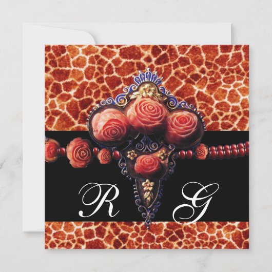 BLACK RED CORAL ROSES,GIRAFFE SKIN MONOGRAM 招待状 (正面)